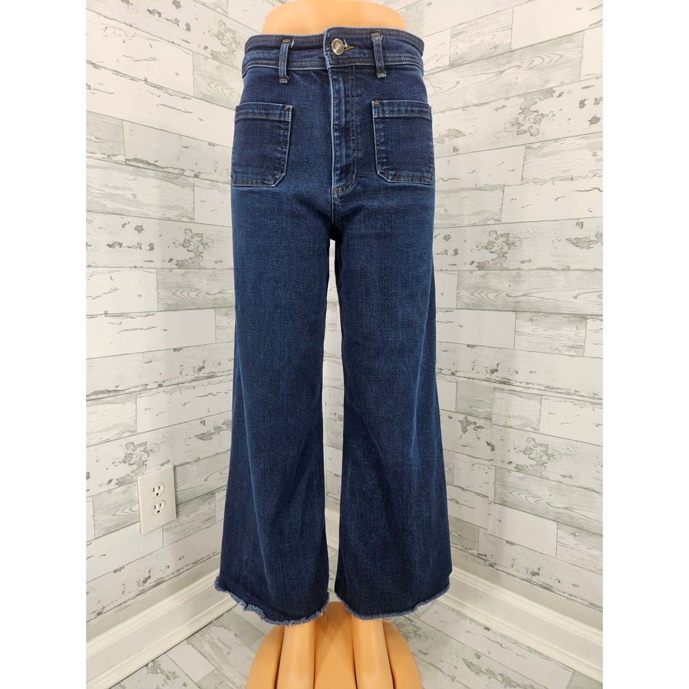 Zara Women High Waisted Wide Leg Raw Hem Patch Pocket Jeans Dark Wash Size 10